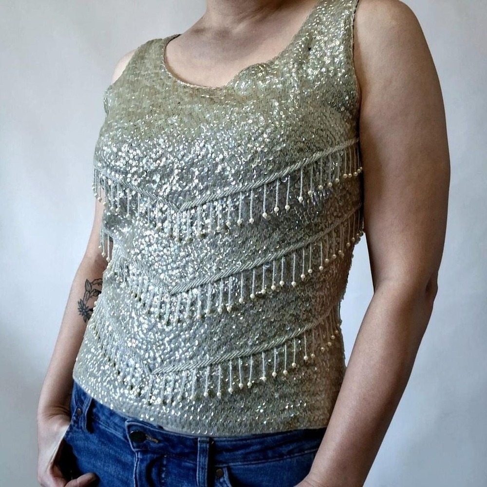 Vintage 50s 60s Sequined Beaded Silver Holographic Wool Top Bead Fringe S M